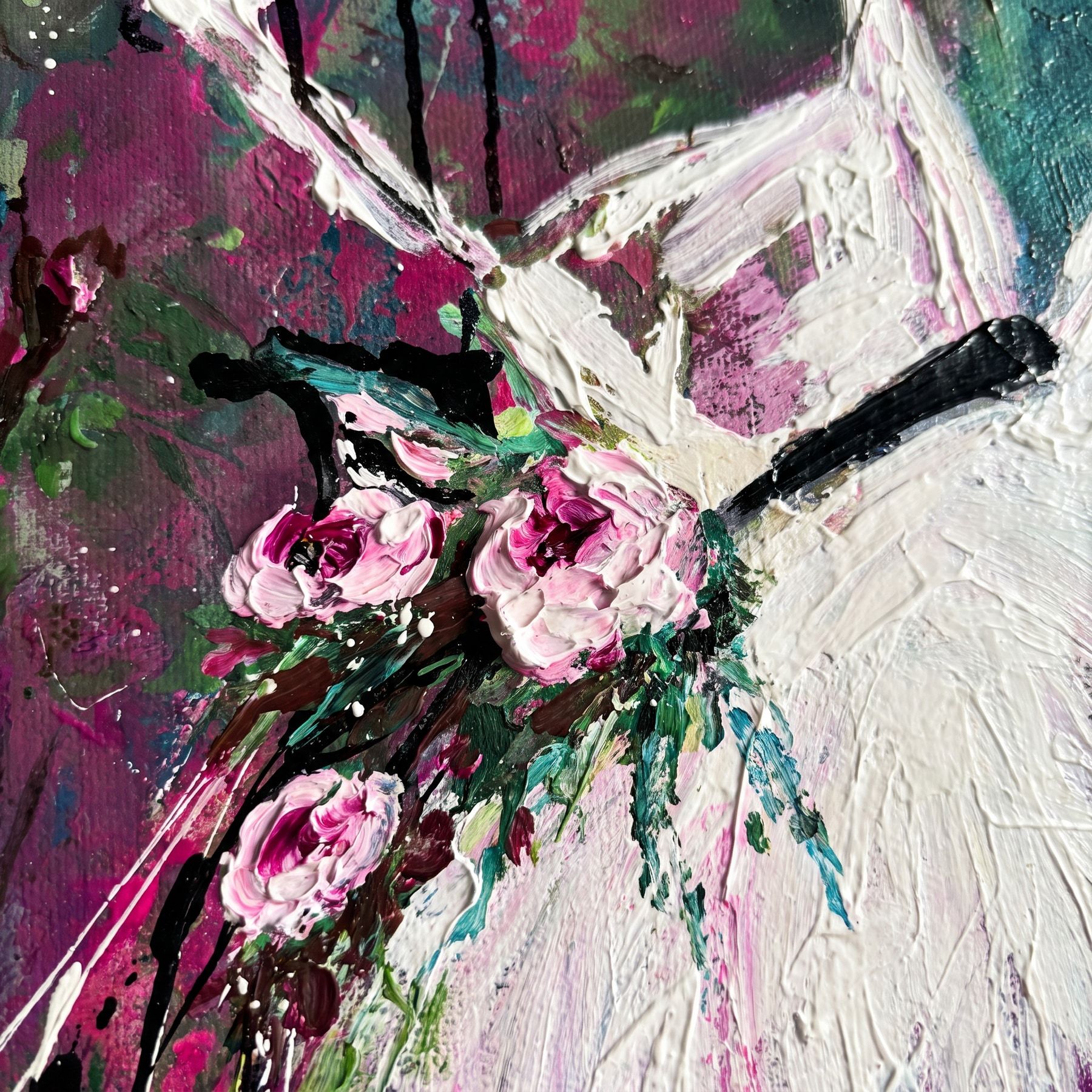 Roses on a Hanger — close-up of raised paint, ridges and layered brush marks